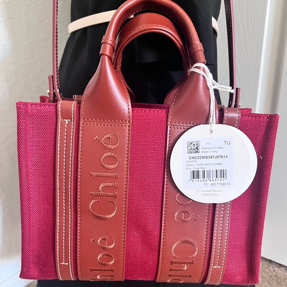 Chloe Woody Small Tote With Strap Dark Red Wine New With Tag n Dust Bag - Picture 10 of 11
